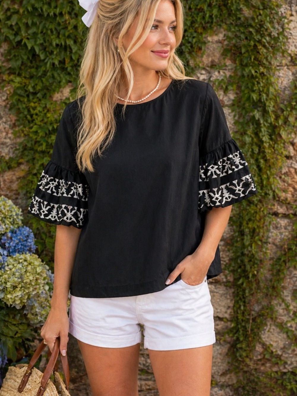 BANANA REPUBLIC FACTORY Black Crew Neck Puffy Embroidered Sleeve Blouse, S